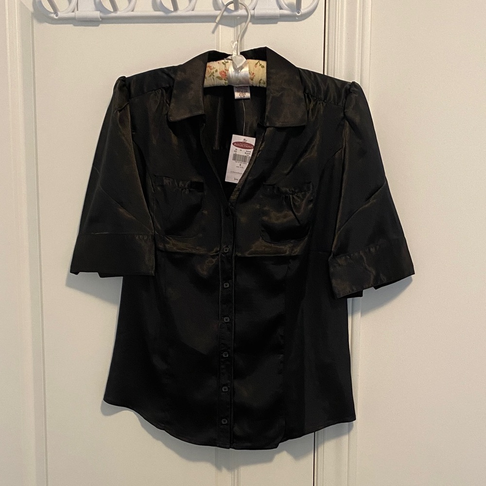 Northern Reflections Black Satin Button-Down Blouse